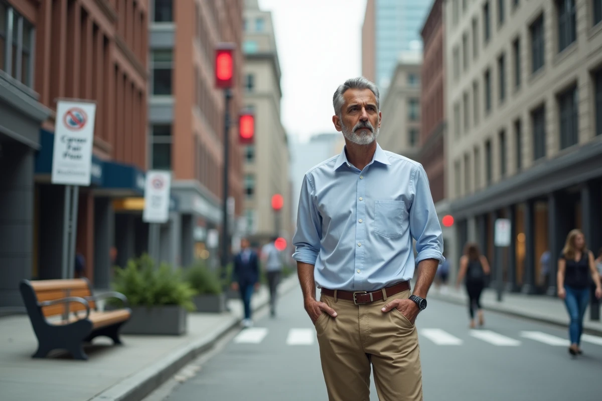 Homme en ville réfléchissant devant une affiche de salon emploi