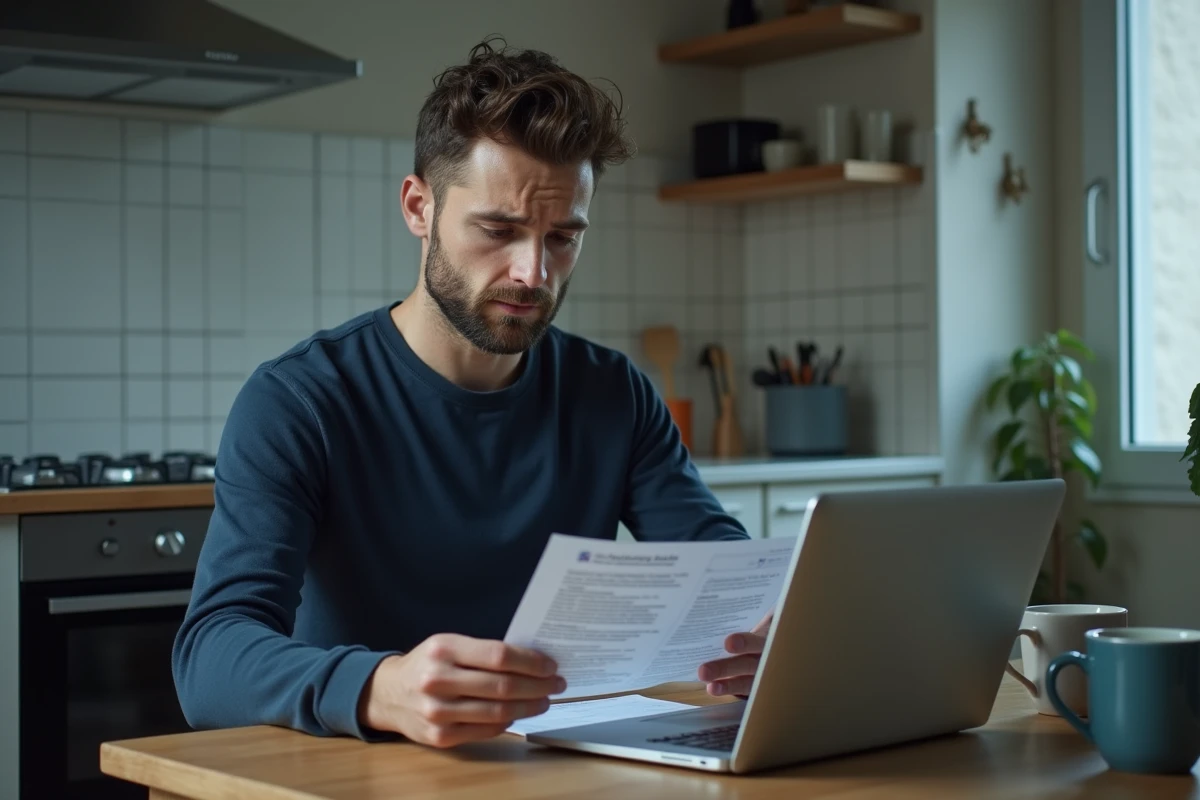 Hombre consultando sus documentos médicos en casa tras un rechazo de prórroga de baja médica