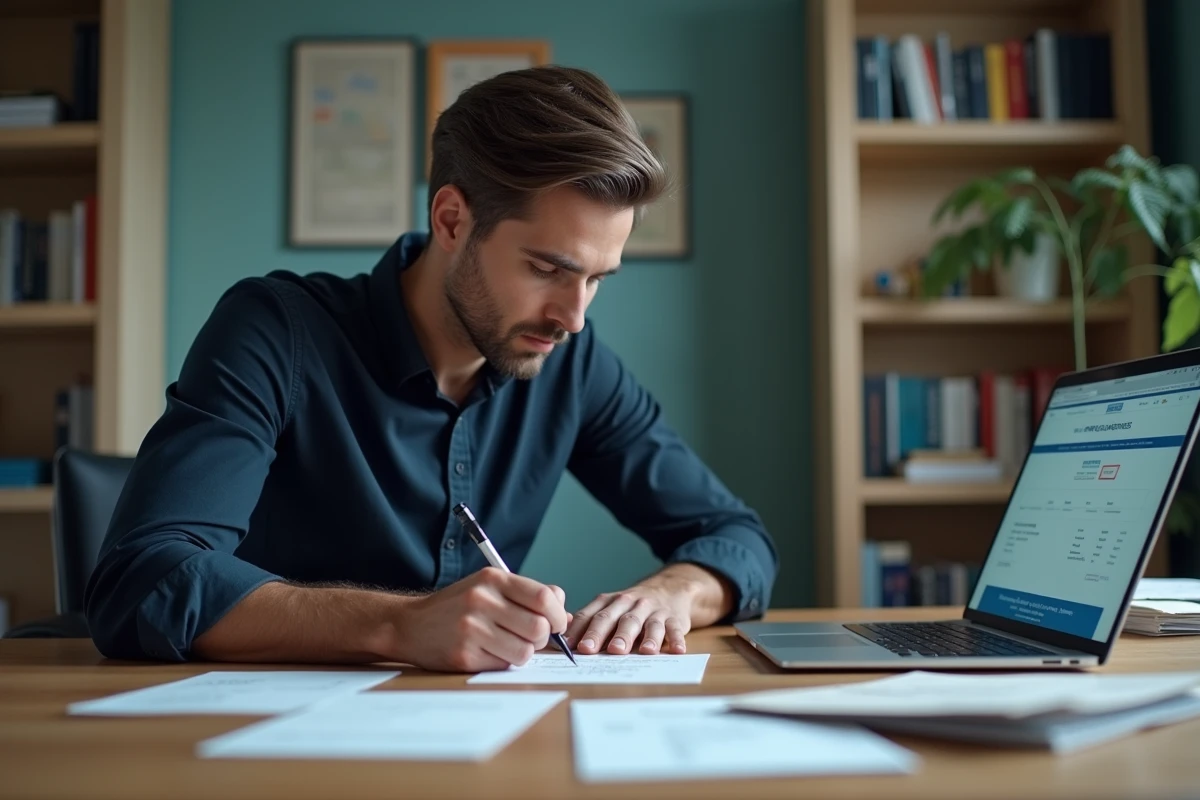 Mann sitzt an einem Schreibtisch und korrigiert eine falsche Adresse auf einem Brief, umgeben von Umschlägen und konsultiert eine Postseite auf seinem Computer