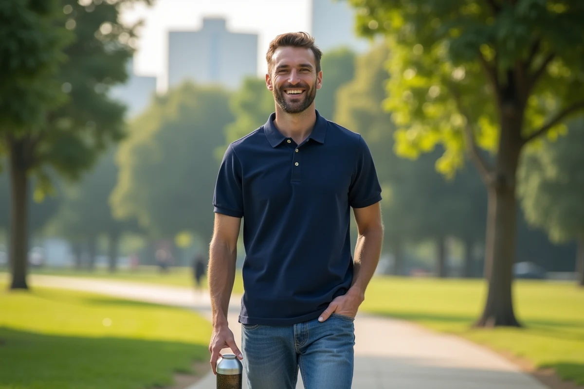Homme souriant en polo dans un parc urbain