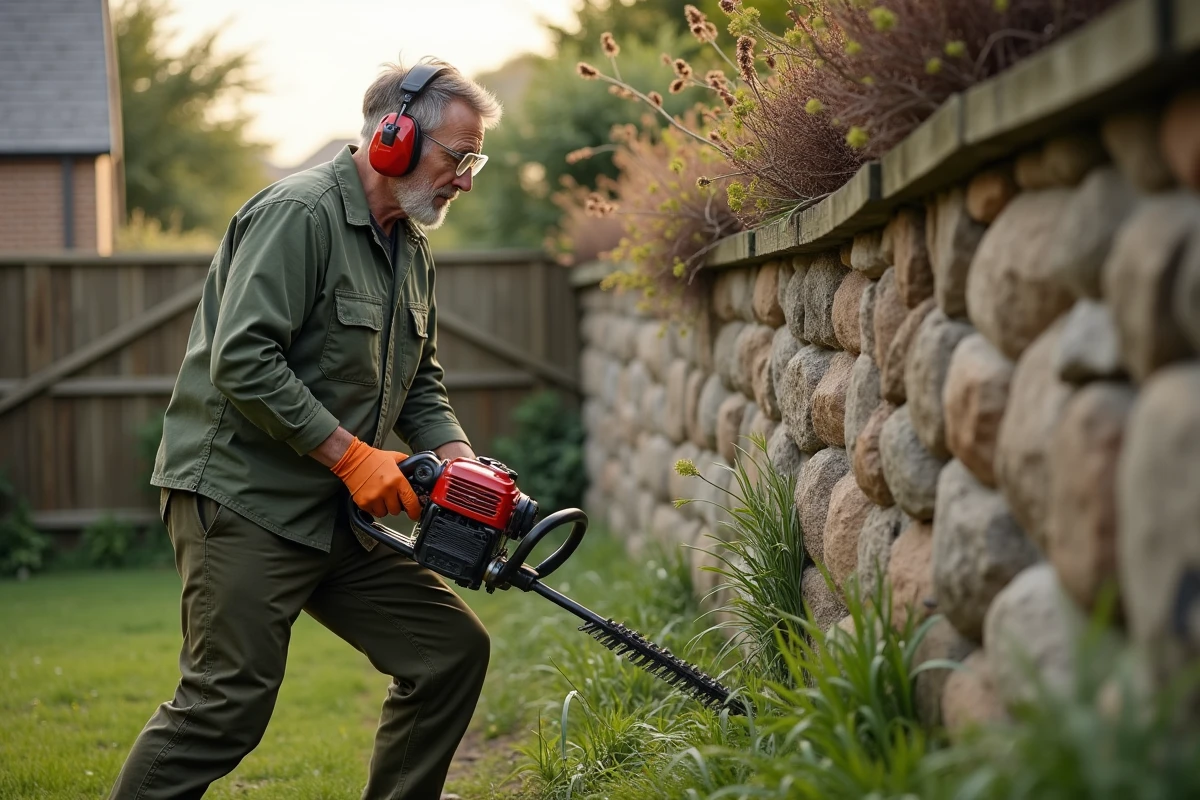 Homme utilisant une débroussailleuse à essence pour tailler l'herbe haute dans un jardin avec mur en pierre