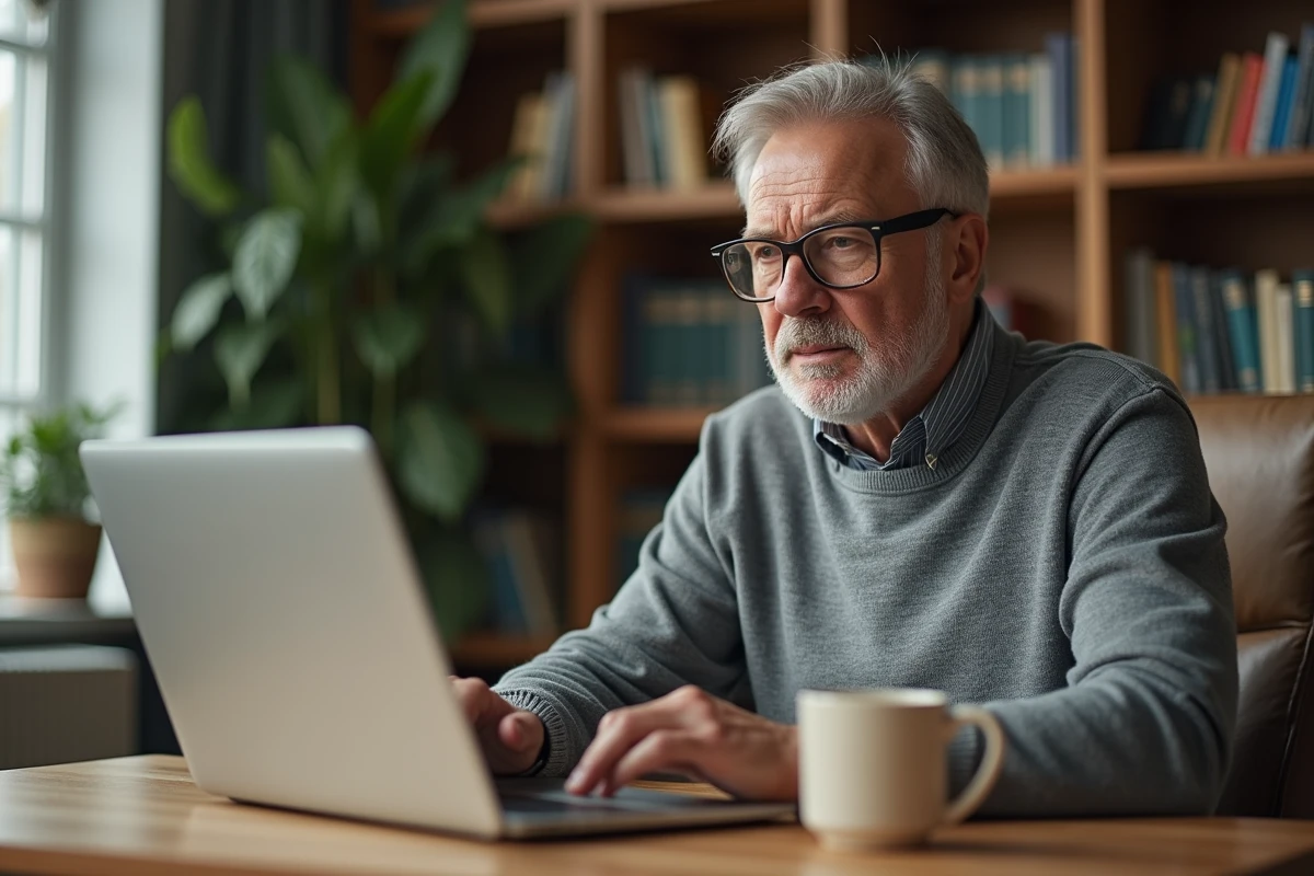 Homme d'âge mûr consultant les actualités santé 2024 sur son ordinateur portable à domicile