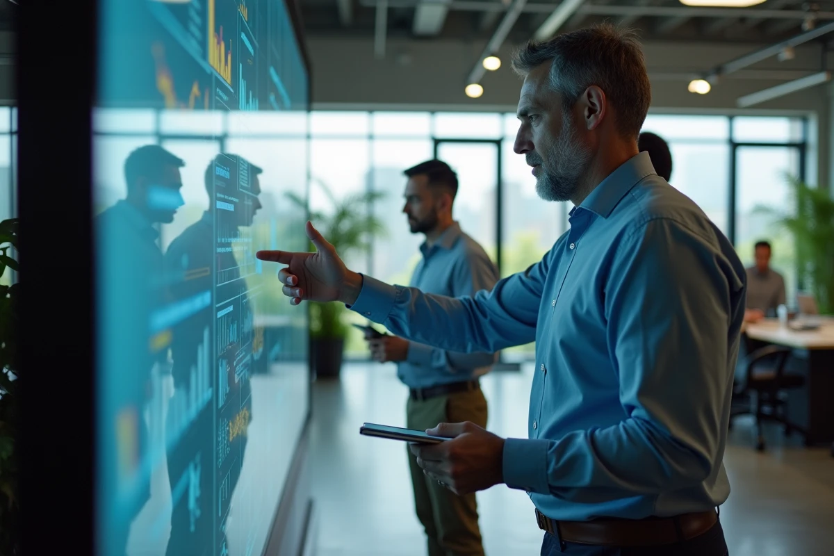 Homme expliquant des données sur un écran interactif en coworking
