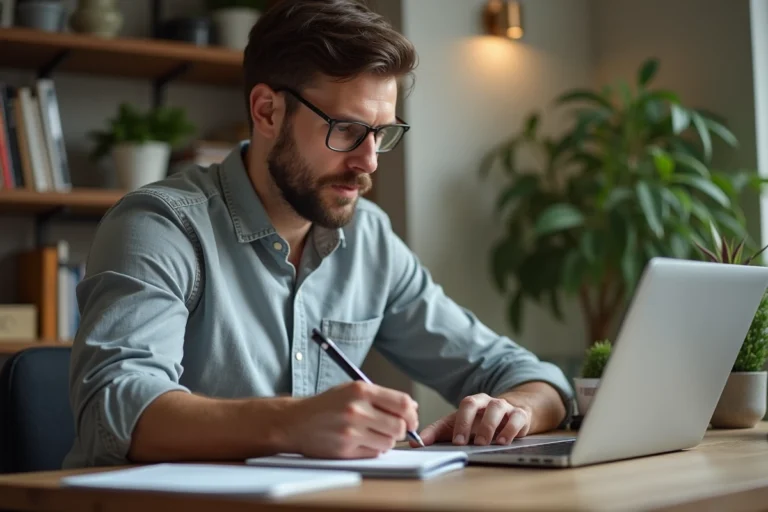 Homme consultant des annonces de voitures d'occasion sur un ordinateur portable dans un bureau à domicile