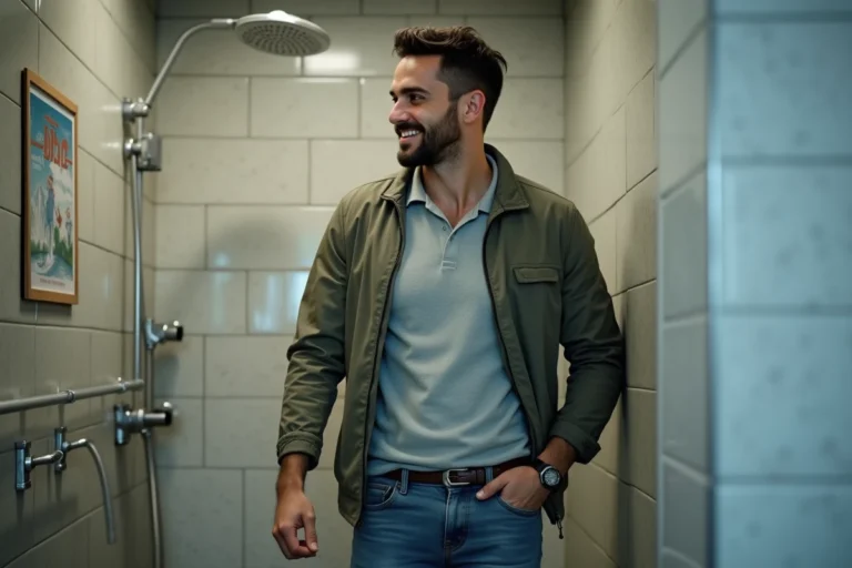 Homme détendu sortant d'une douche de repos avec sourire