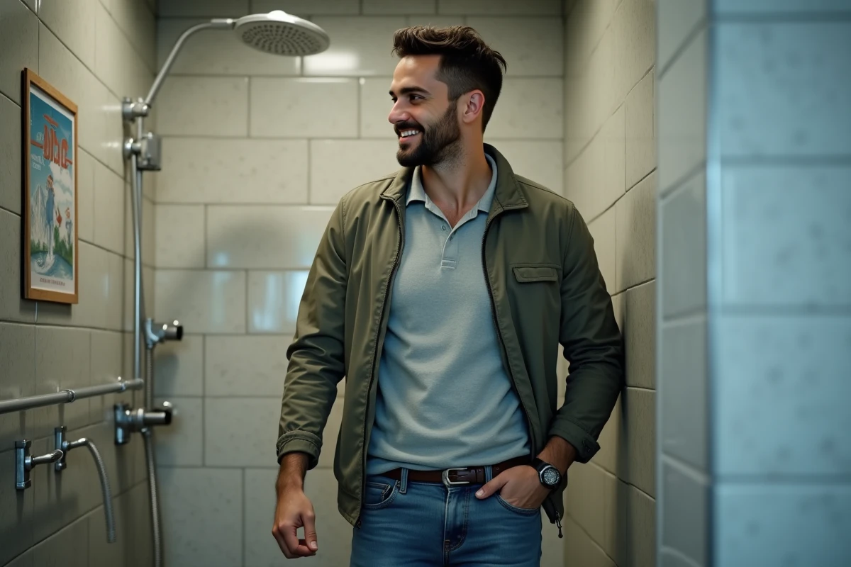 Homme détendu sortant d'une douche de repos avec sourire