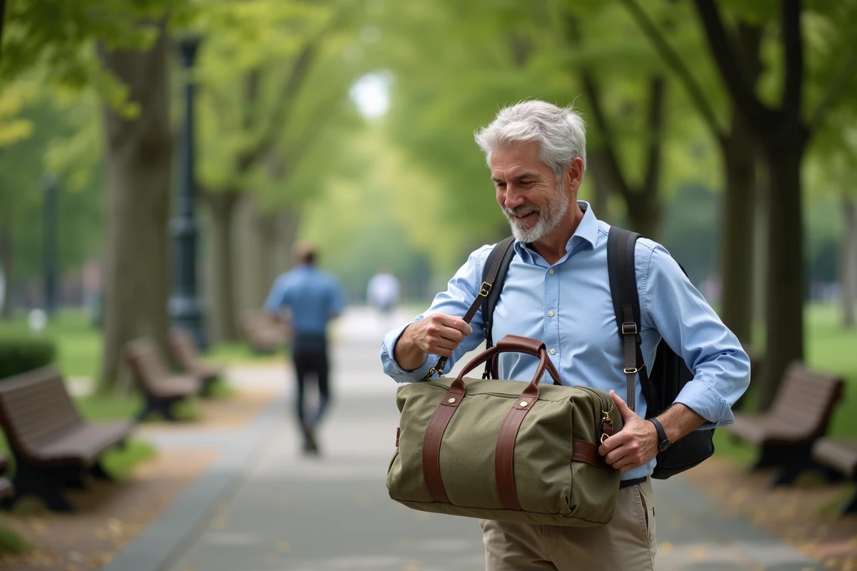 Homme sortant la sangle de son sac de voyage dans un parc