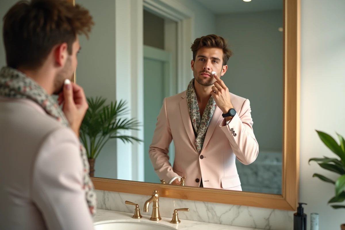 Homme en costume pastel se maquillant dans la salle de bain