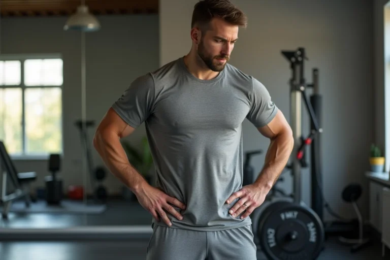 Homme en t-shirt gris dans un gym moderne
