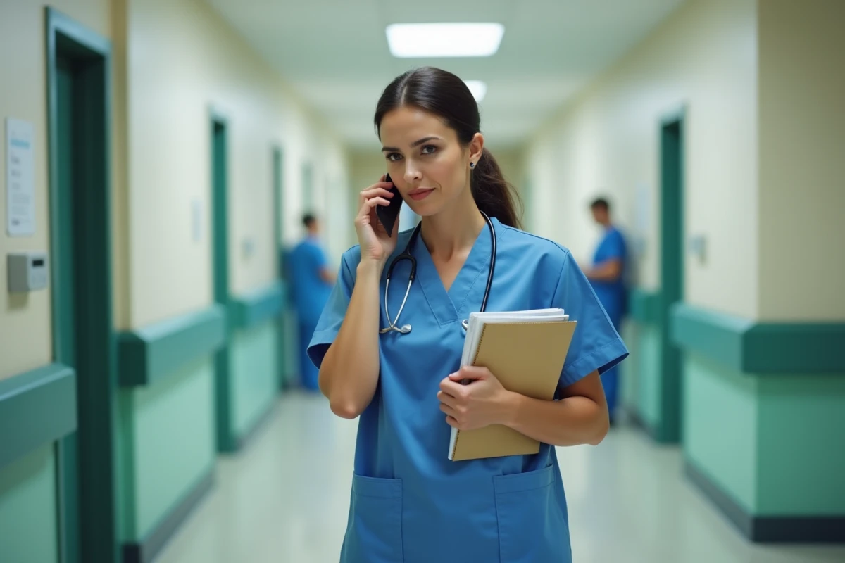 Enfermera en pasillo de hospital gestionando una situación relacionada con una baja médica rechazada por teléfono
