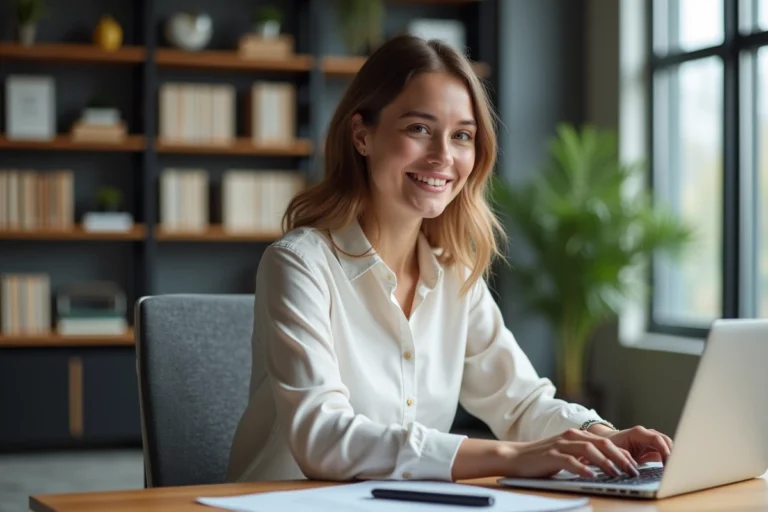 Jeune femme concentrée travaillant sur son ordinateur en bureau moderne