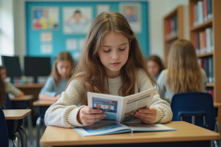 Jeune fille de 16 ans regarde une brochure de formations techniques