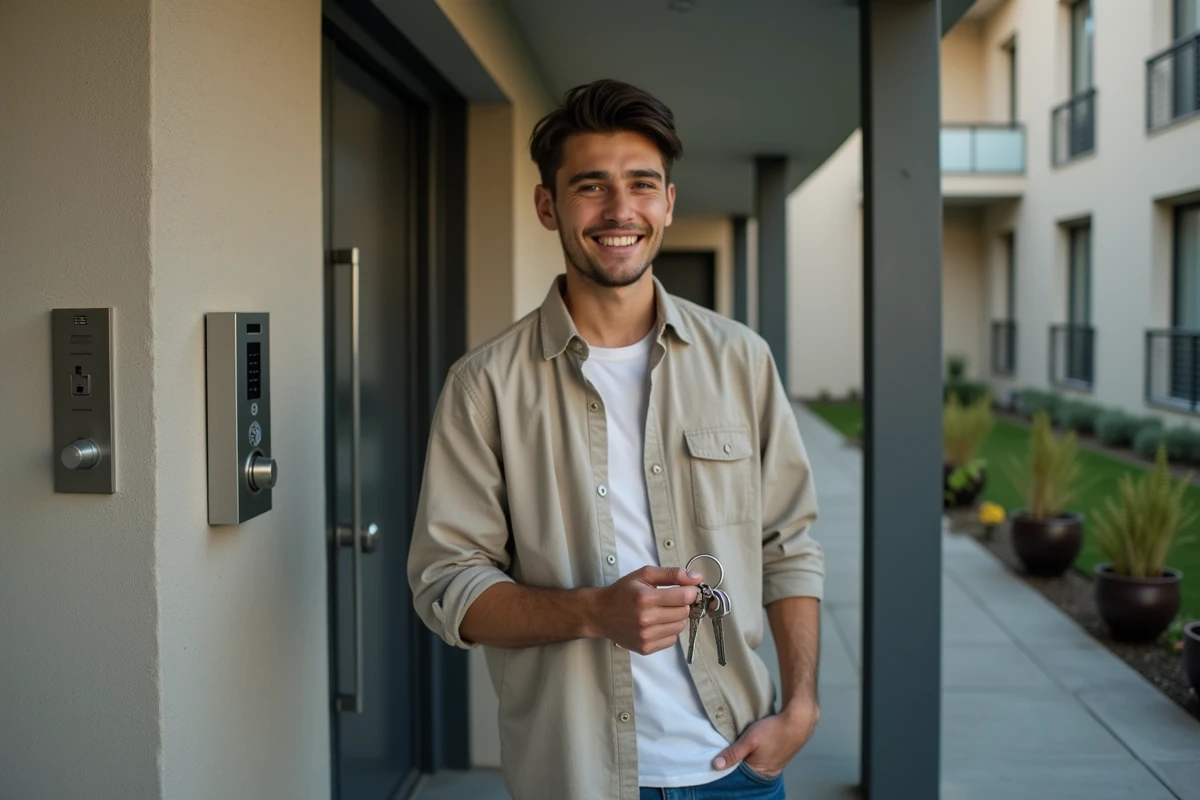 Jeune homme tenant des clés devant un immeuble social