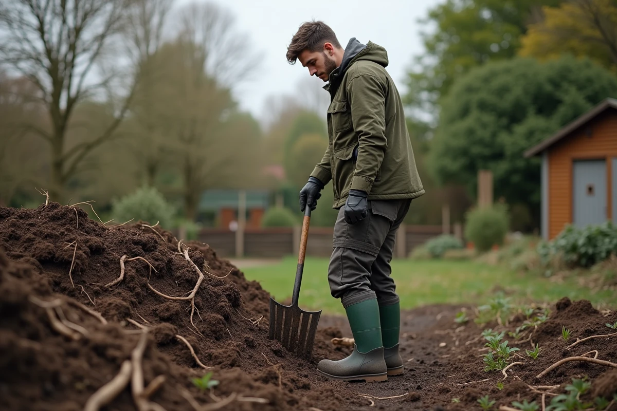 Jeune homme avec fourche à côté du compost dans un jardin