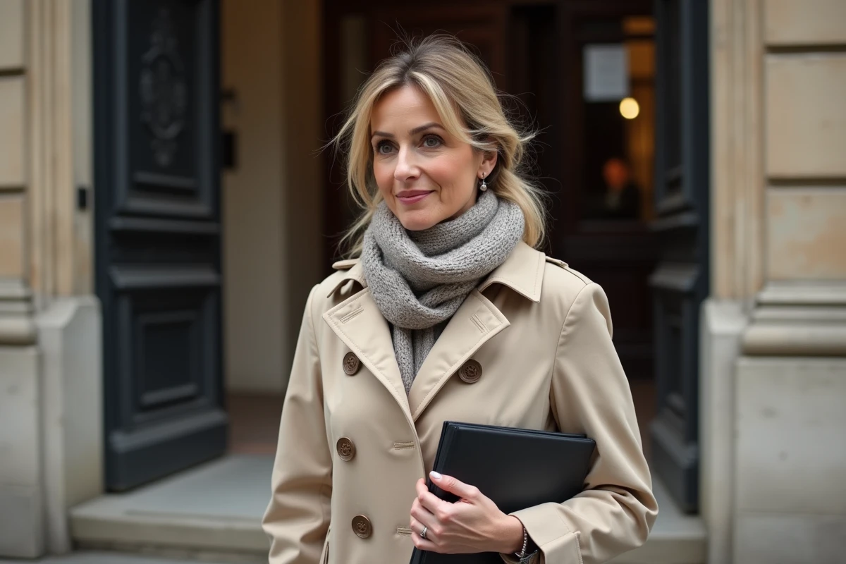 Journaliste en trench beige devant un studio parisien