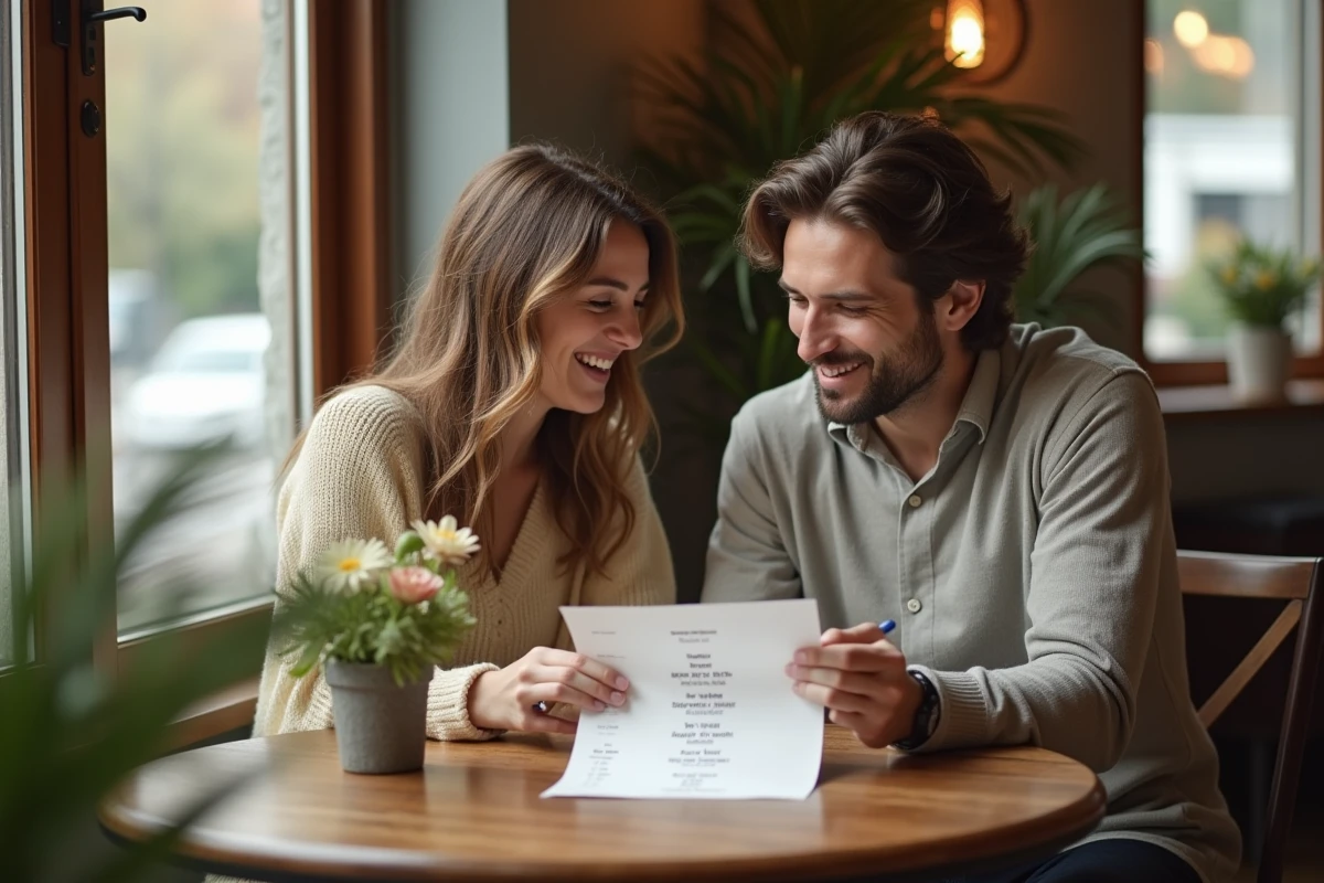 Un couple révisant et réduisant leur liste d'invités de mariage pour ne garder que leur cercle proche