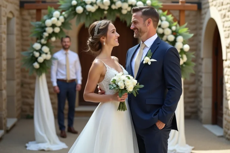 Un couple de mariés souriants dans une cour de château décorée pour leur mariage, symbolisant un mariage organisé et mémorable