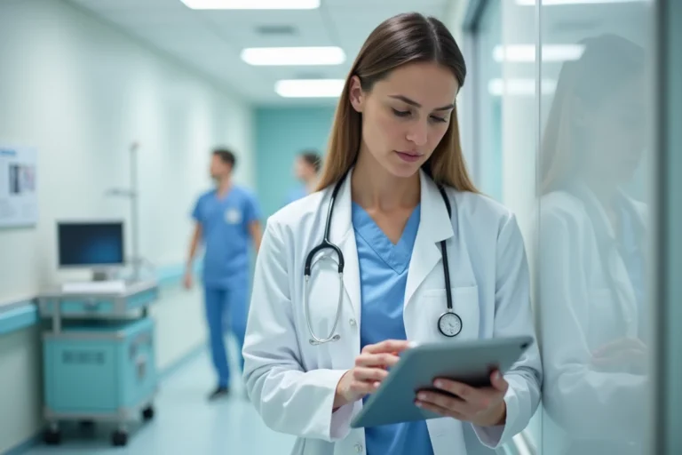 Médecin femme consultant des données de santé sur une tablette dans un couloir d'hôpital moderne en 2024