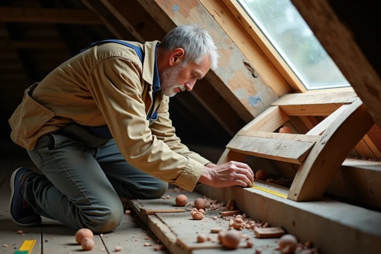 Artisan mesurant le cadre d'un Velux ancienne génération dans un grenier avec des poutres en bois apparentes