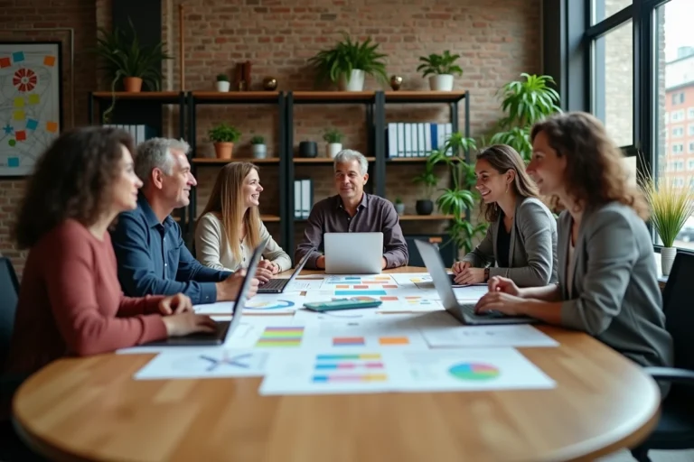 Groupe de professionnels réunis autour d'une table de travail collaboratif illustrant le modèle participatif en économie