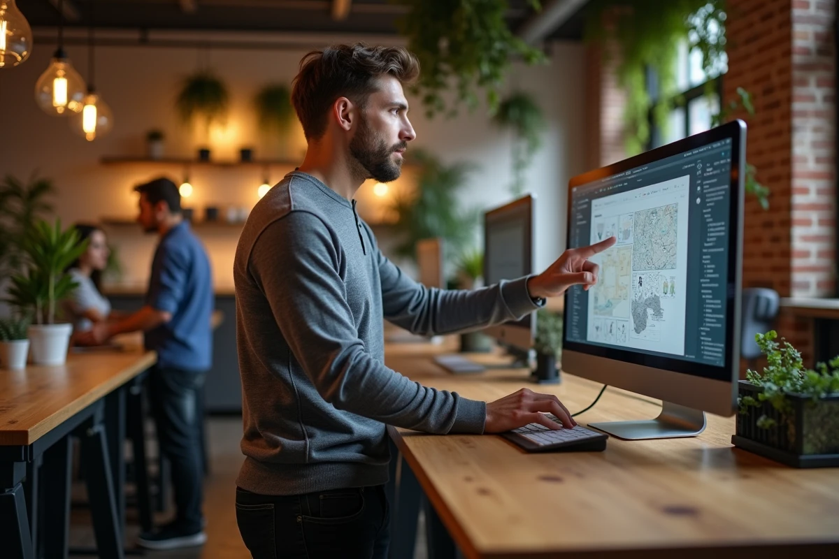 Homme naviguant sur une plateforme créative dans un espace de co-working moderne avec mur en briques