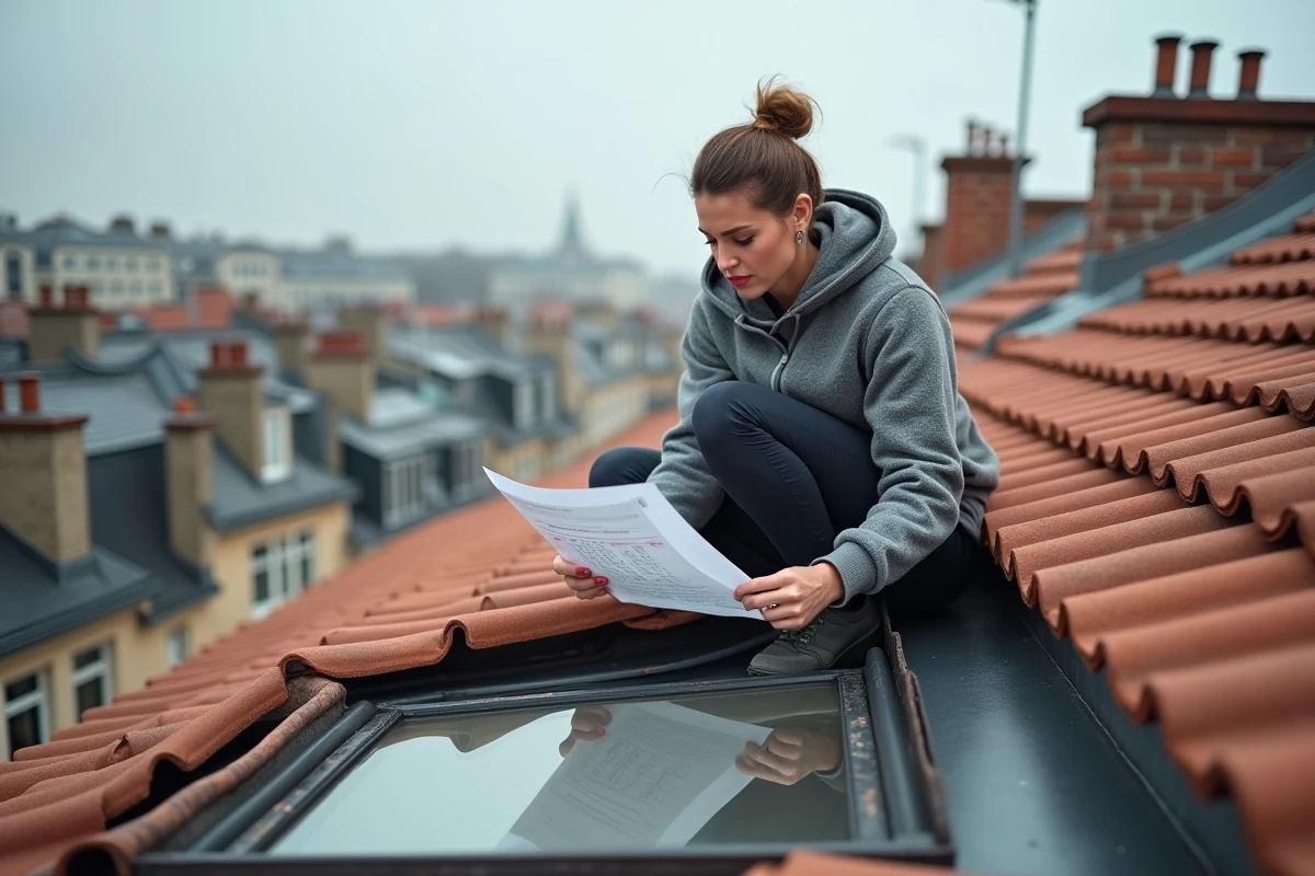 Femme consultant un guide de dimensions Velux ancienne génération sur un toit en tuiles lors d'une pose