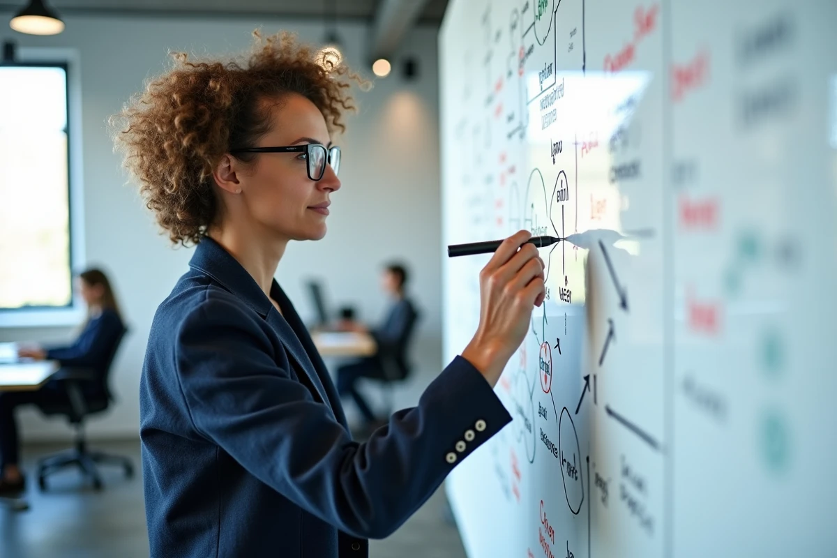 Femme présentant un schéma de modèle économique participatif sur un tableau blanc dans un espace de travail coopératif