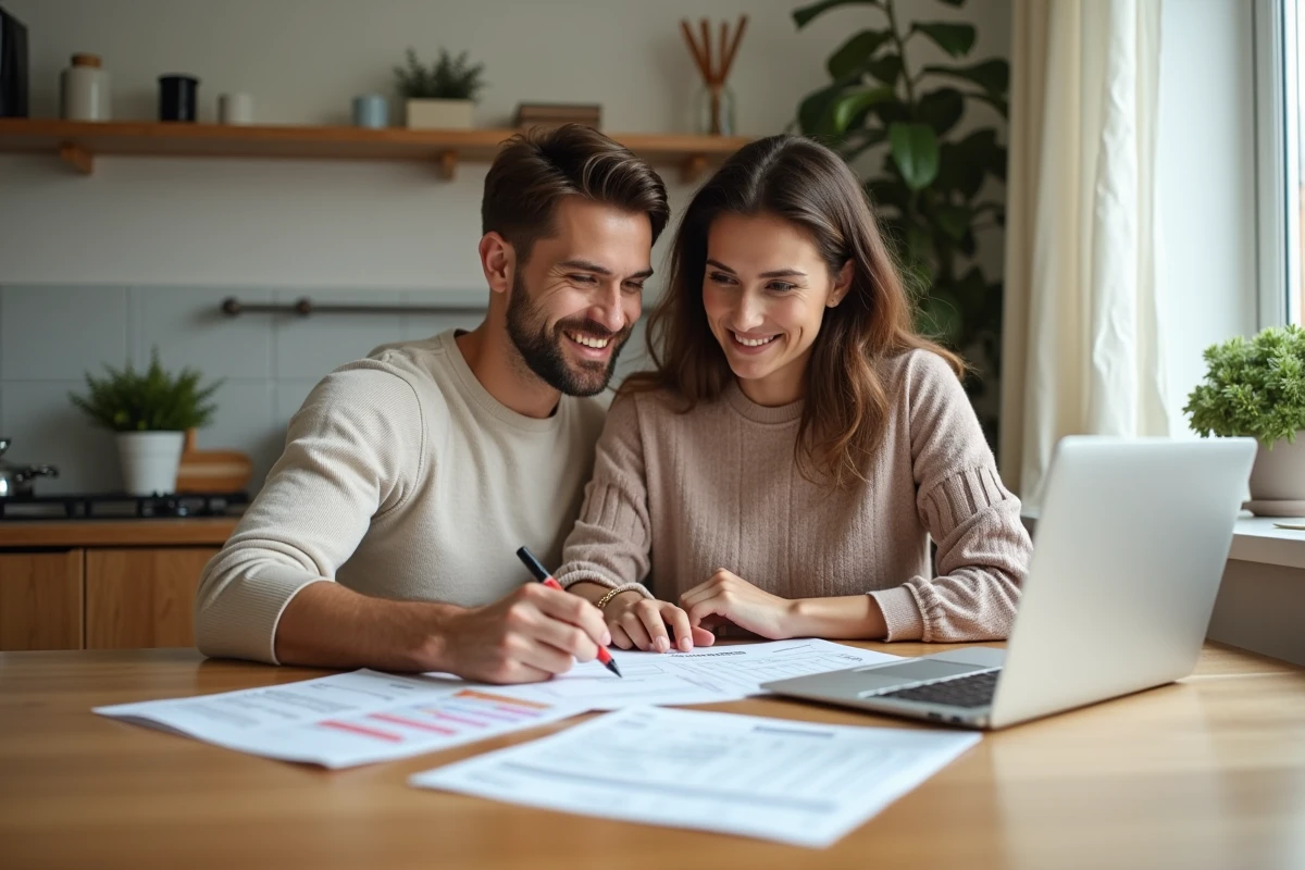 Un couple vérifiant un budget de mariage manuscrit avec des devis de prestataires étalés sur une table en bois