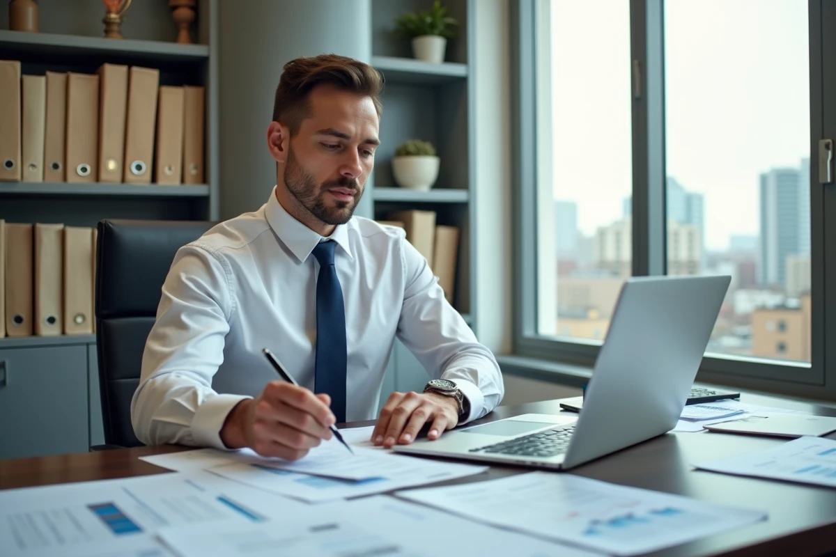 Professionnel en costume analysant des documents réglementaires liés au code APRM dans un bureau moderne