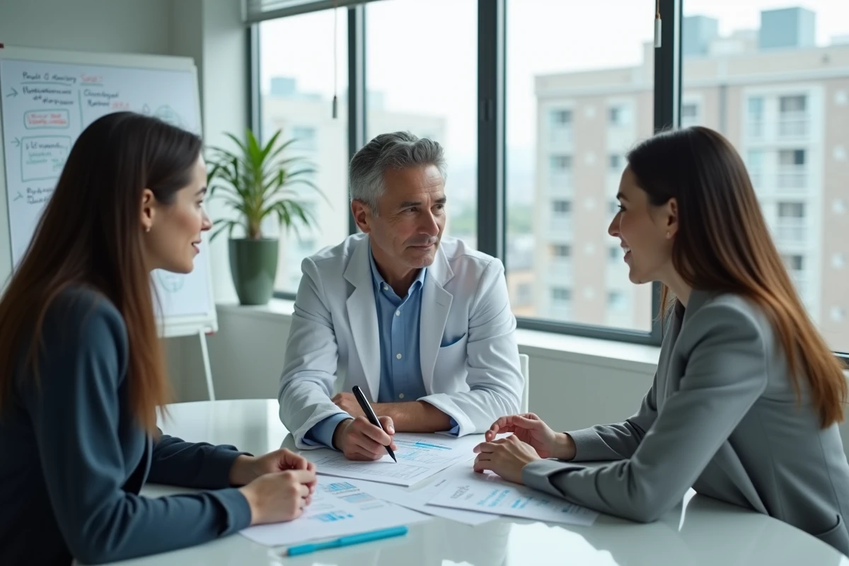Groupe de professionnels de santé discutant des dernières actualités médicales dans une clinique moderne en 2024