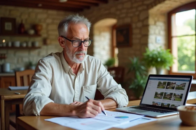 Propriétaire de résidence secondaire étudiant des documents immobiliers dans un intérieur rustique en pierre pour décider du meilleur moment de vente