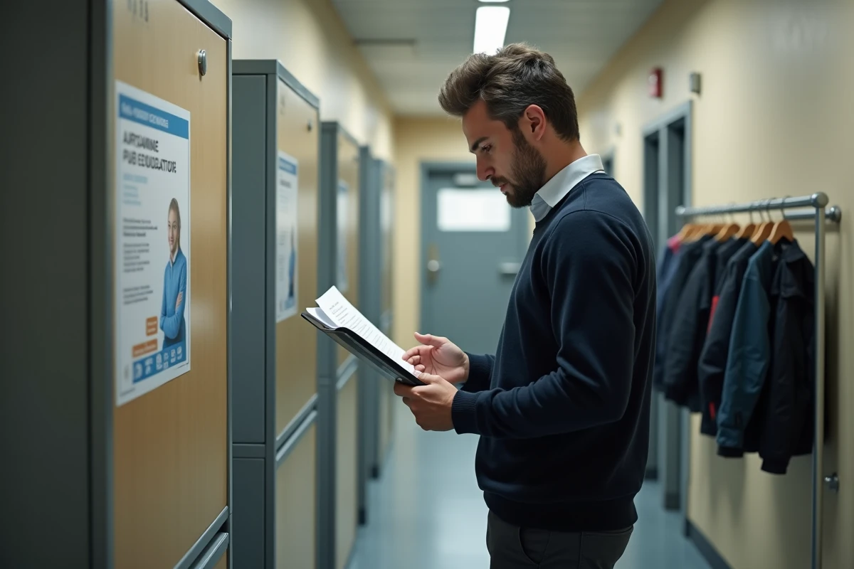 Responsable administratif consultant le portail Arena sur une tablette dans un couloir d'établissement scolaire