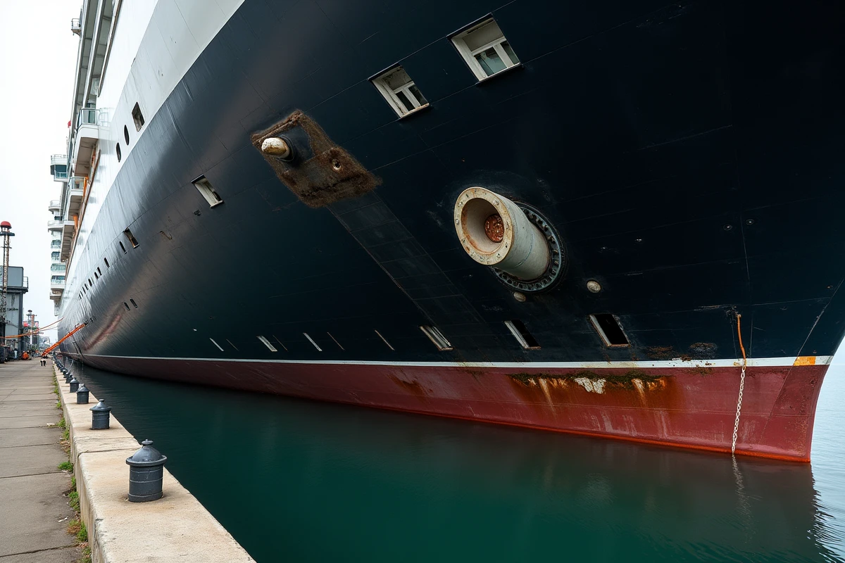 Ports de rejet et sorties d'eaux usées sur la coque d'un grand navire de croisière amarré au port avec traces d'oxydation