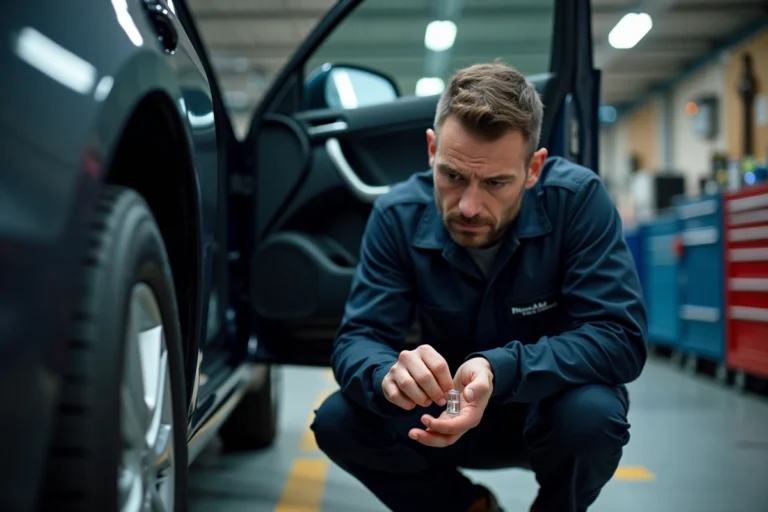 Technicien automobile inspectant un fusible de verrouillage centralisé dans un garage professionnel