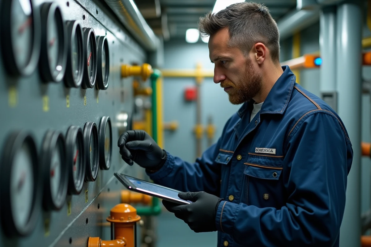 Technicien de bord en combinaison contrôlant le panneau de gestion des déchets dans la salle des machines d'un paquebot