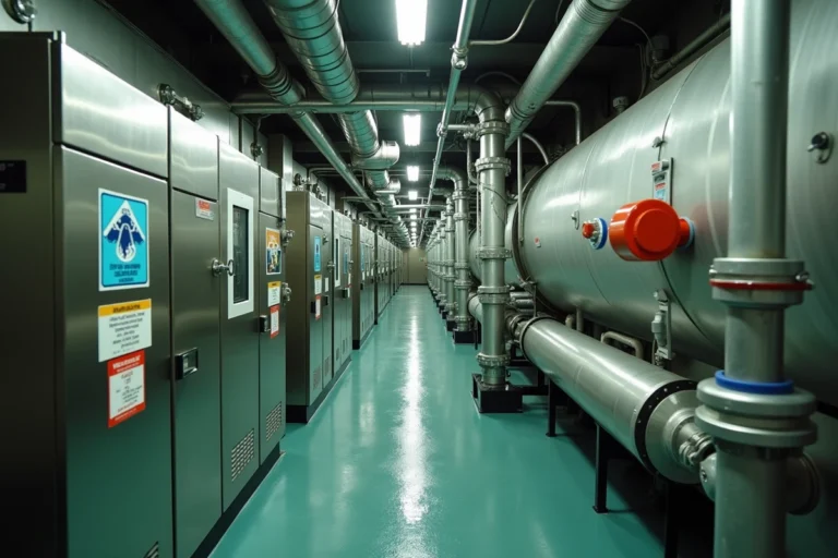 Salle de traitement des eaux usées à bord d'un navire de croisière avec tuyaux en acier inoxydable et réservoirs de filtration industriels