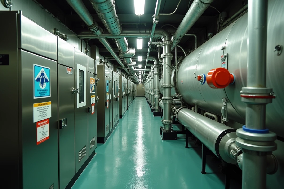 Salle de traitement des eaux usées à bord d'un navire de croisière avec tuyaux en acier inoxydable et réservoirs de filtration industriels