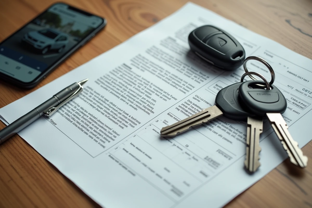 Vue aérienne d'une transaction de vente de voiture d'occasion avec clés, contrat et smartphone sur une table en bois