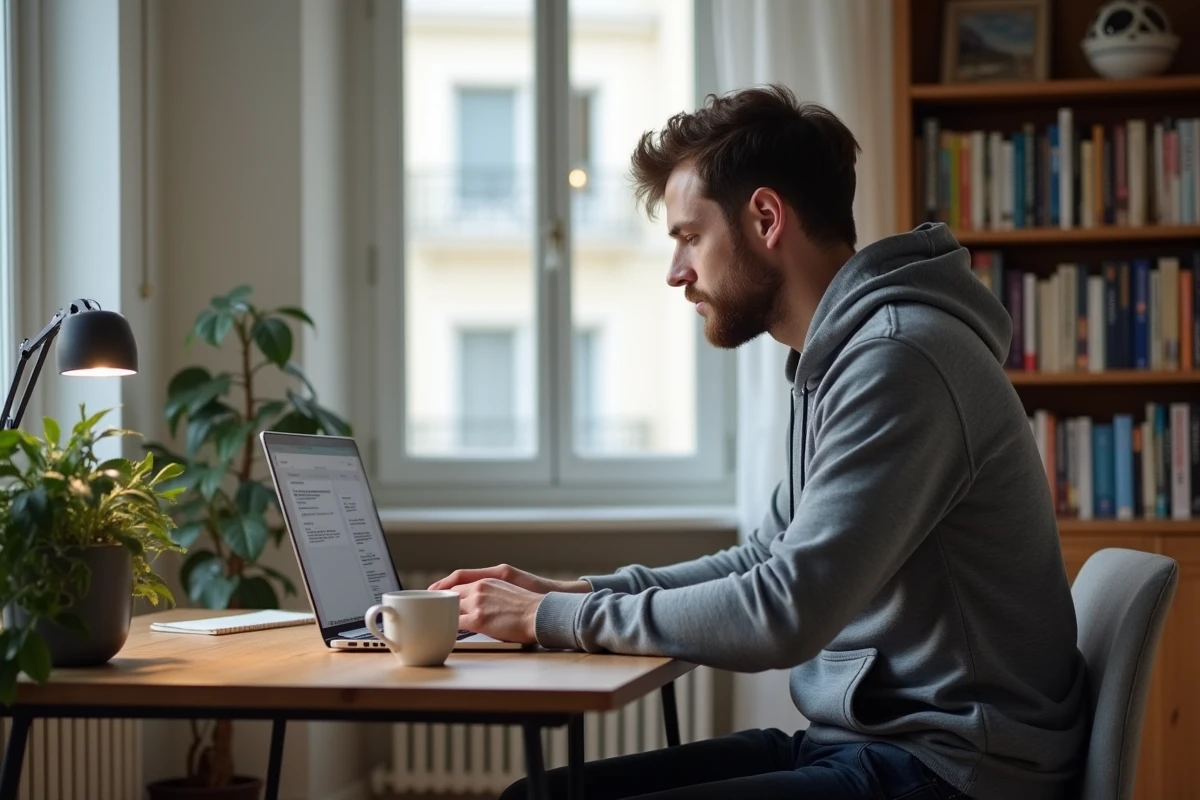 Mann, der am Wochenende von zu Hause aus in Paris an einer Nebentätigkeit arbeitet, um sein Einkommen zu erhöhen