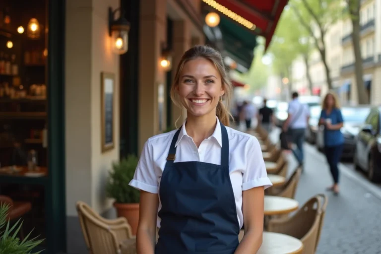 Femme travaillant comme serveuse le week-end dans un café parisien pour compléter ses revenus